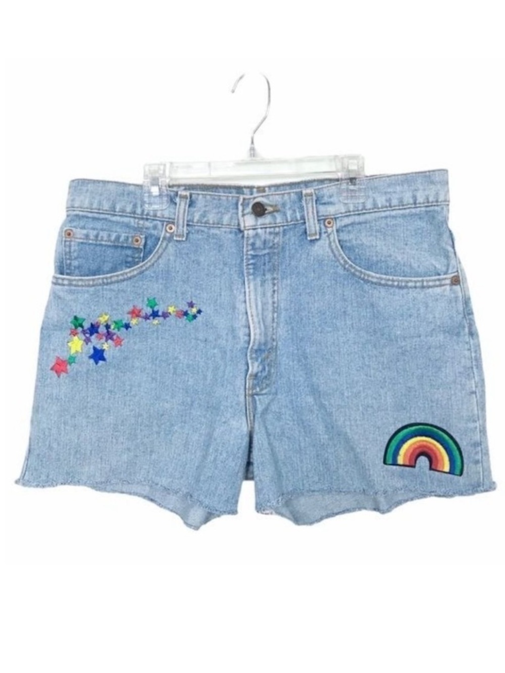 Vintage Levi's 550 Denim Hi Rise Cut Off Shorts with Rainbow and Star Patches